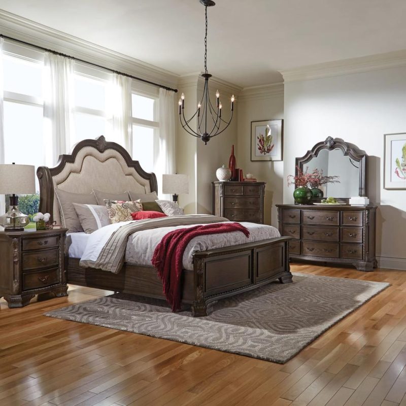 Bedroom Sets |  Alexandria Antique Bedroom – Bed, Dresser & Mirror – King Brown Bedroom Furniture Bedroom Sets