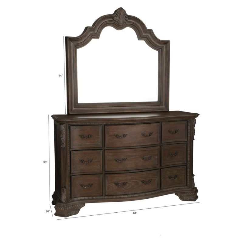 Bedroom Sets |  Alexandria Antique Bedroom – Bed, Dresser & Mirror – King Brown Bedroom Furniture Bedroom Sets