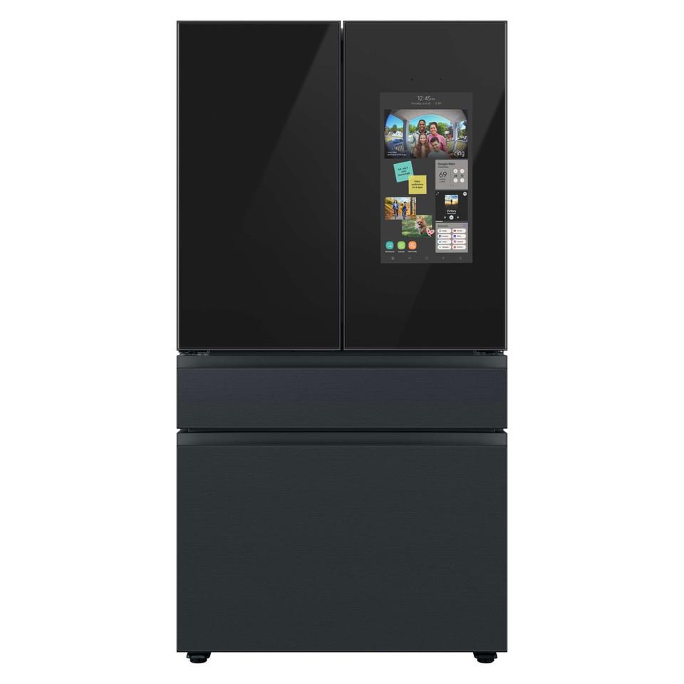 French Door Refrigerators |  Samsung 29 cu. ft. Bespoke 4-Door French Door Refrigerator with Top Left & Family Hub™ Panel in Charcoal Glass and Matte Black Steel Middle & Bottom Door Panels RF29BB89008M Black French Door Refrigerators Black