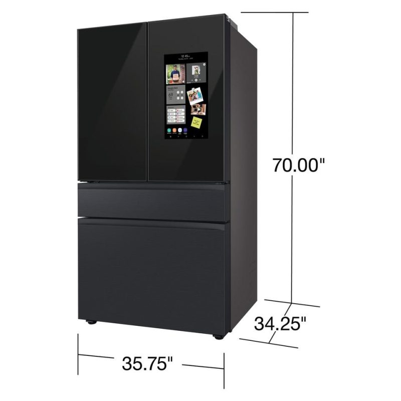 French Door Refrigerators |  Samsung 29 cu. ft. Bespoke 4-Door French Door Refrigerator with Top Left & Family Hub™ Panel in Charcoal Glass and Matte Black Steel Middle & Bottom Door Panels RF29BB89008M Black French Door Refrigerators Black