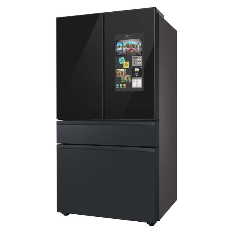 French Door Refrigerators |  Samsung 29 cu. ft. Bespoke 4-Door French Door Refrigerator with Top Left & Family Hub™ Panel in Charcoal Glass and Matte Black Steel Middle & Bottom Door Panels RF29BB89008M Black French Door Refrigerators Black