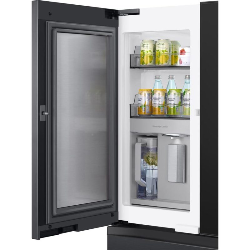 French Door Refrigerators |  Samsung 29 cu. ft. Bespoke 4-Door French Door Refrigerator with Top Left & Family Hub™ Panel in Charcoal Glass and Matte Black Steel Middle & Bottom Door Panels RF29BB89008M Black French Door Refrigerators Black