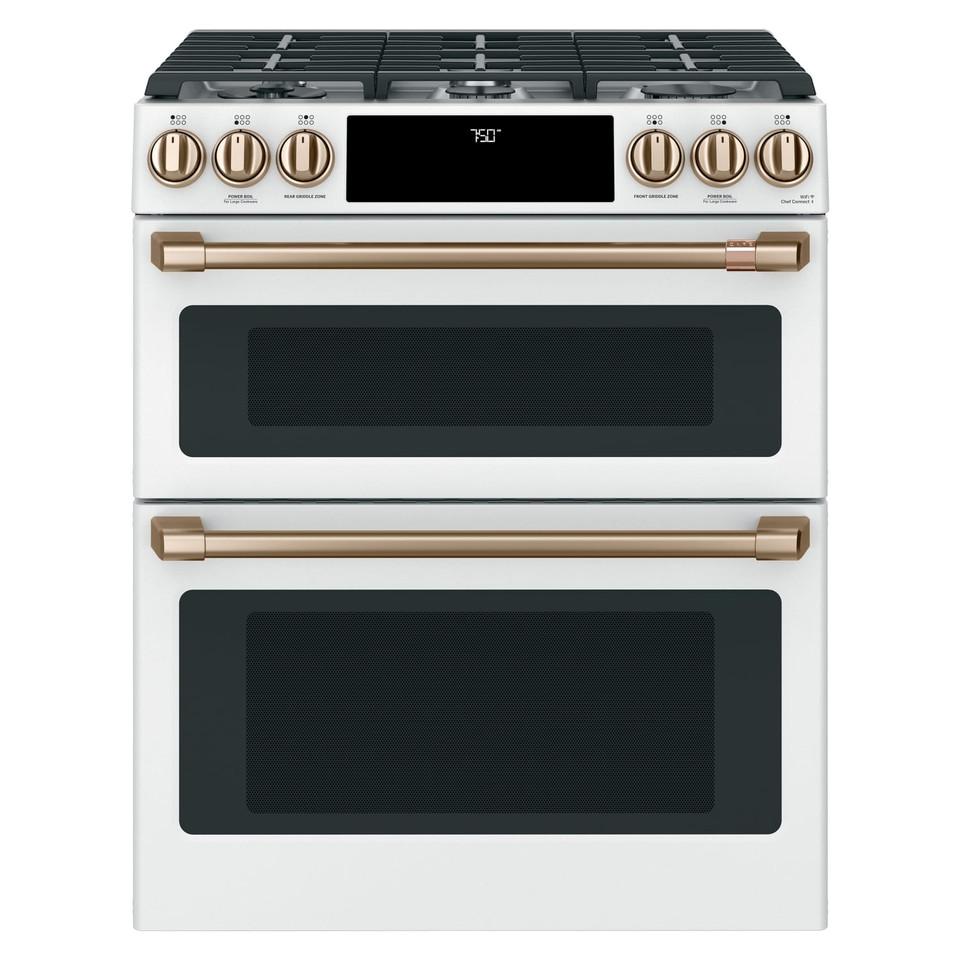 Gas Ranges |  Cafe 30 in. 6.7 cu. ft. Slide-In Smart Double Oven Gas Range with Self-Cleaning Convection in Matte White – CGS750P4MW2 White Ranges Gas Ranges