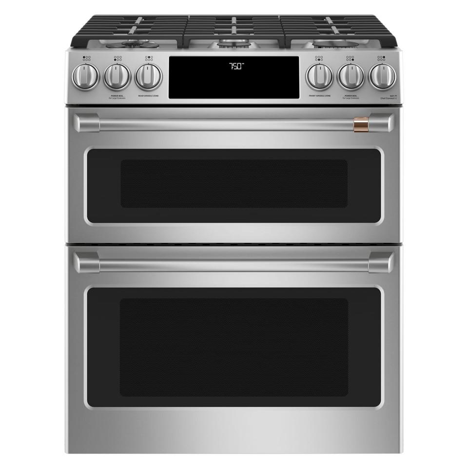 Gas Ranges |  Cafe 30 in. 7.0 cu. ft. Smart Slide-In Double-Oven Gas Range with Self-Cleaning and Lower Convection Oven in Stainless Steel – CGS750P2MS1 Stainless Steel Gas Ranges Gas Ranges