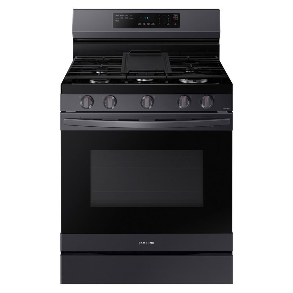 Gas Ranges |  Samsung 6 cu. ft. Smart Wi-Fi Enabled Convection Gas Range with No Preheat AirFry in Black Stainless Steel – NX60A6511SG Black Gas Ranges Black