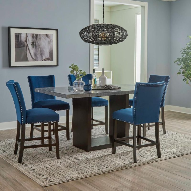 Kitchen and Dining Sets |  Milan Blue Velvet Counter Height 5pc Dining Set Blue Dining Room Furniture Blue