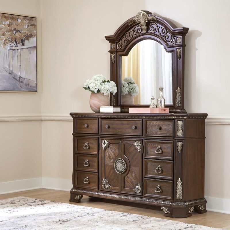 Mirrors |  Geneva Collection Medium Oak Poplar & Oak Mirror Brown Bedroom Furniture Brown