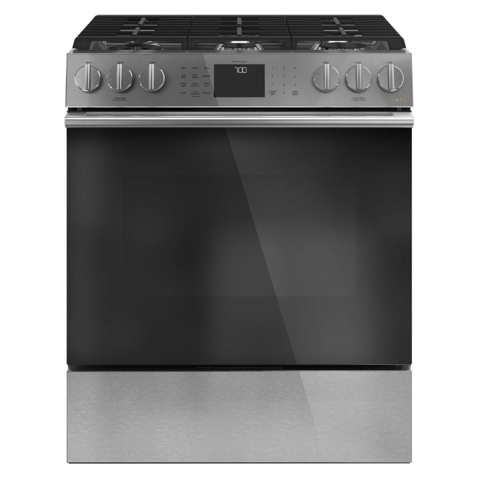 Gas Ranges |  Café™ 30” Smart Slide-In, Front-Control, Gas Range with Convection Oven in Platinum Glass – CGS700M2NS5 Gray Gas Ranges Gas Ranges